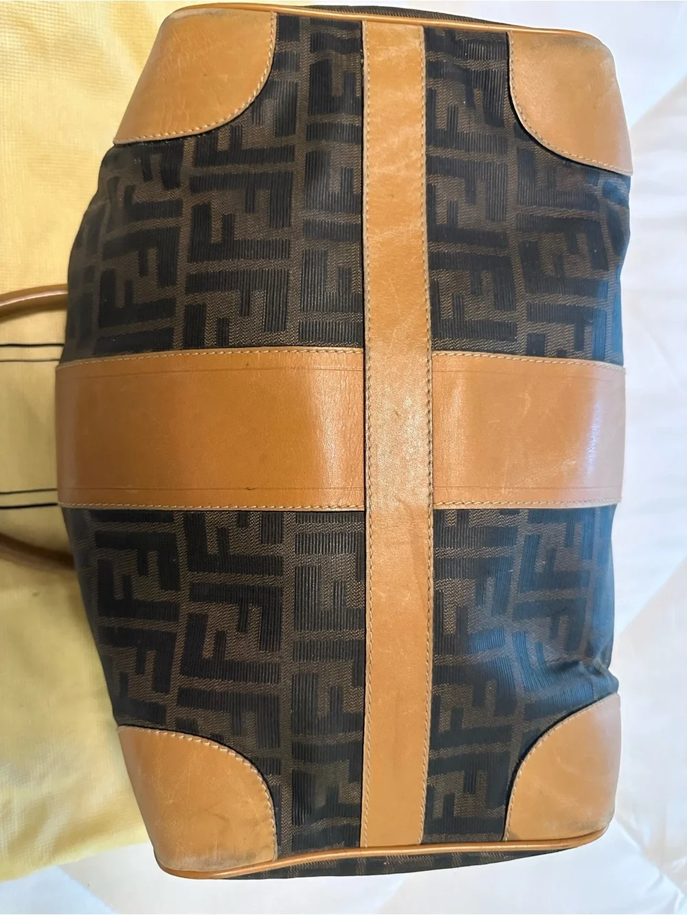 Fendi Brown Monogram Barrel Bag with Tan Leather Stripe